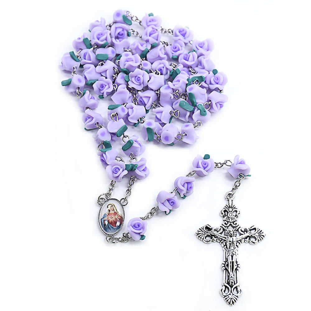 christiandiscipleshop Immaculate Heart of Mary & Crucifix of 6*8 mm Rose Multicolor Polymer Clay Alloy Chain Rosary