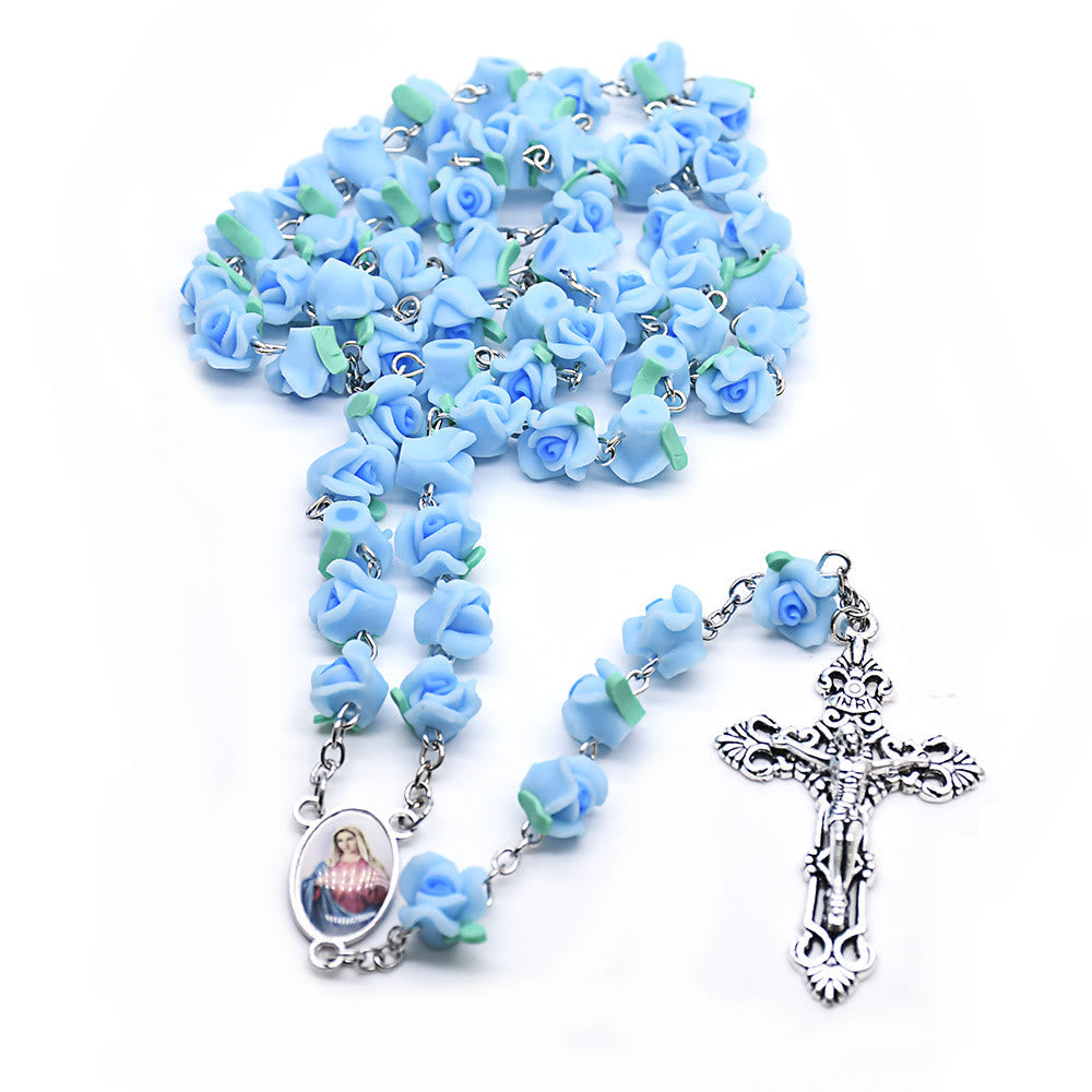christiandiscipleshop Immaculate Heart of Mary & Crucifix of 6*8 mm Rose Multicolor Polymer Clay Alloy Chain Rosary