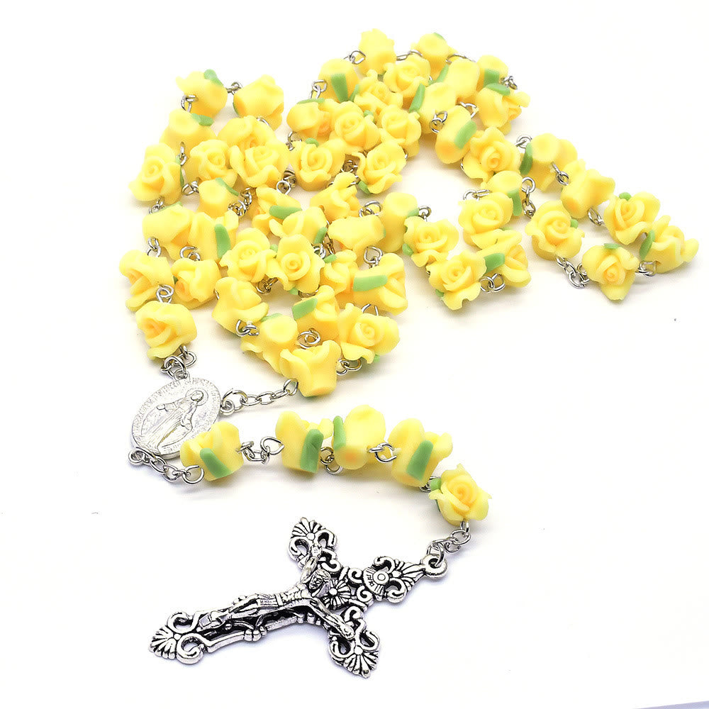 christiandiscipleshop Immaculate Heart of Mary & Crucifix of 6*8 mm Rose Multicolor Polymer Clay Alloy Chain Rosary