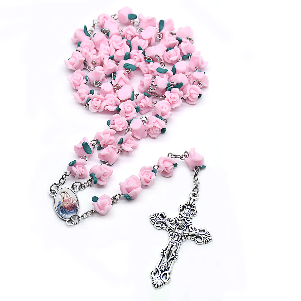 christiandiscipleshop Immaculate Heart of Mary & Crucifix of 6*8 mm Rose Multicolor Polymer Clay Alloy Chain Rosary