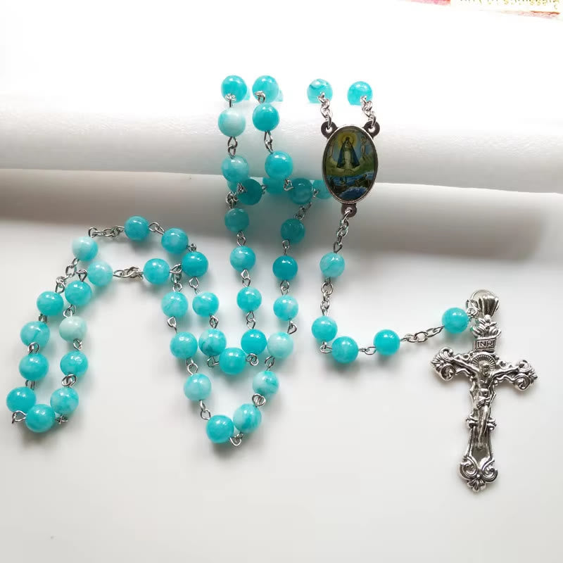 christiandiscipleshop Virgin Mary & Crucifix of 8 mm Round Blue Stone Alloy Chain Rosary