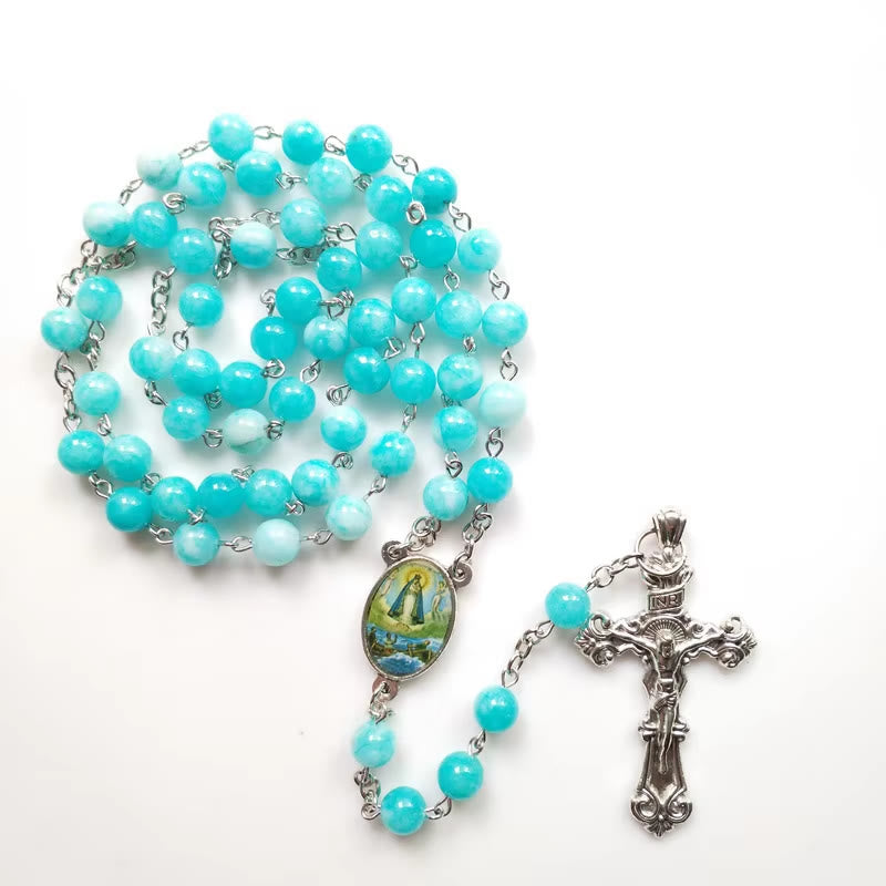 christiandiscipleshop Virgin Mary & Crucifix of 8 mm Round Blue Stone Alloy Chain Rosary