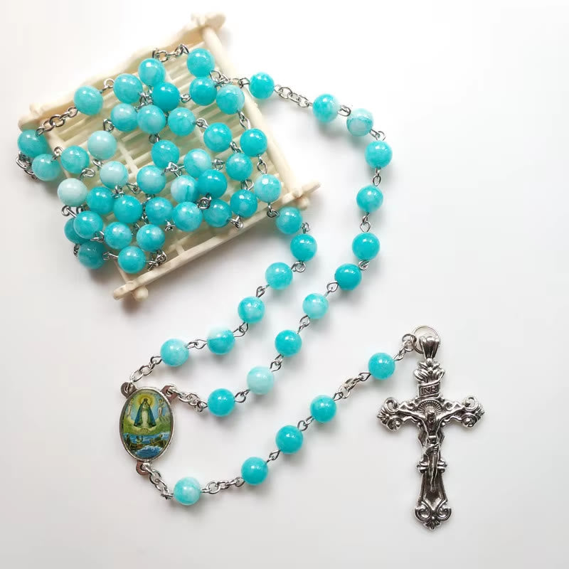 christiandiscipleshop Virgin Mary & Crucifix of 8 mm Round Blue Stone Alloy Chain Rosary