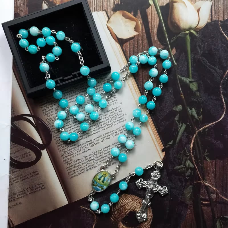 christiandiscipleshop Virgin Mary & Crucifix of 8 mm Round Blue Stone Alloy Chain Rosary