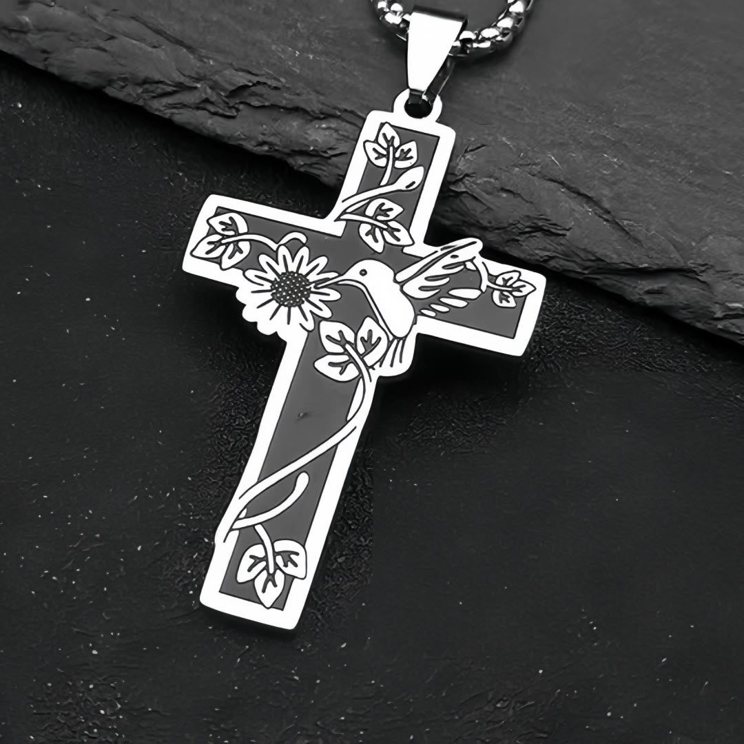 christiandiscipleshop Modern Style Hummingbird Floral Vines Cross Pendant Necklace