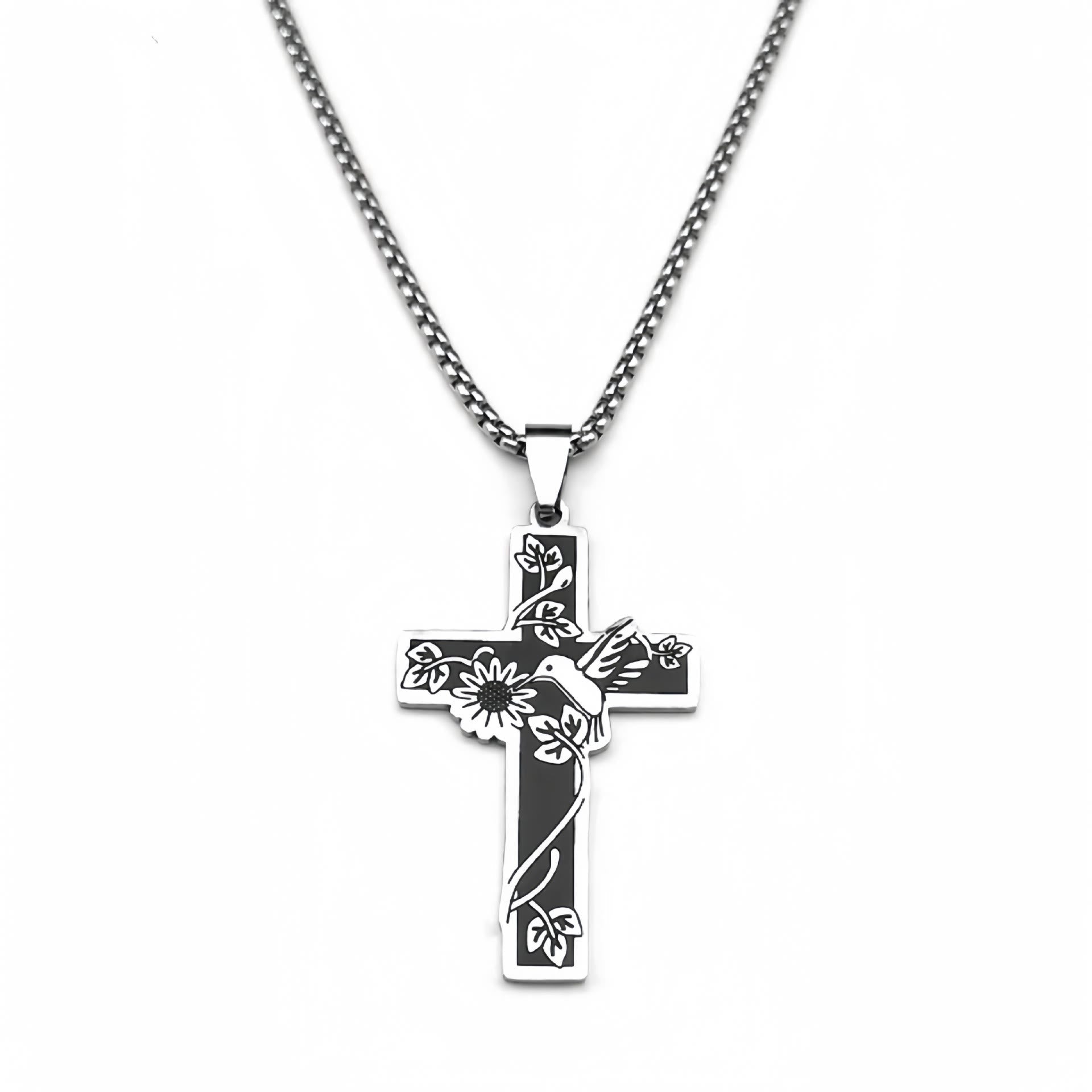 christiandiscipleshop Modern Style Hummingbird Floral Vines Cross Pendant Necklace