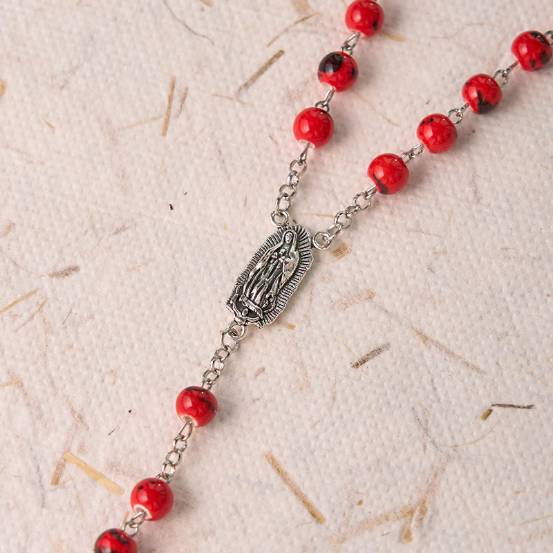 Christiandiscipleshop Our Lady of Guadalupe & Crucifix of 8 mm Round Red Ceramics Alloy Chain Rosary