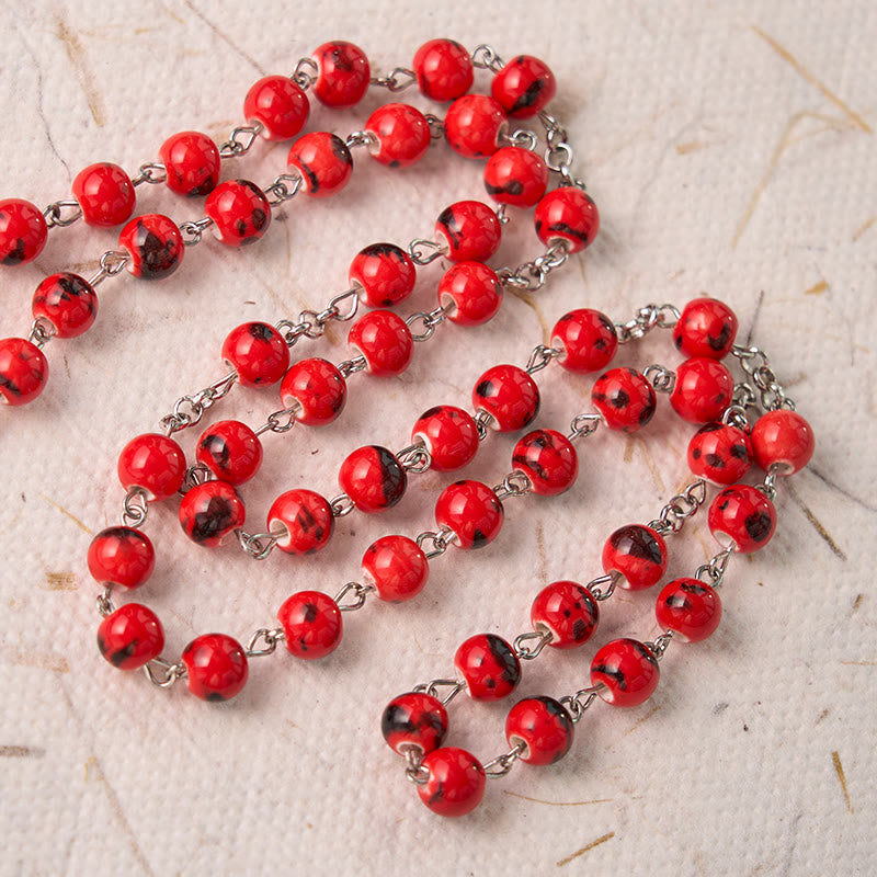 Christiandiscipleshop Our Lady of Guadalupe & Crucifix of 8 mm Round Red Ceramics Alloy Chain Rosary