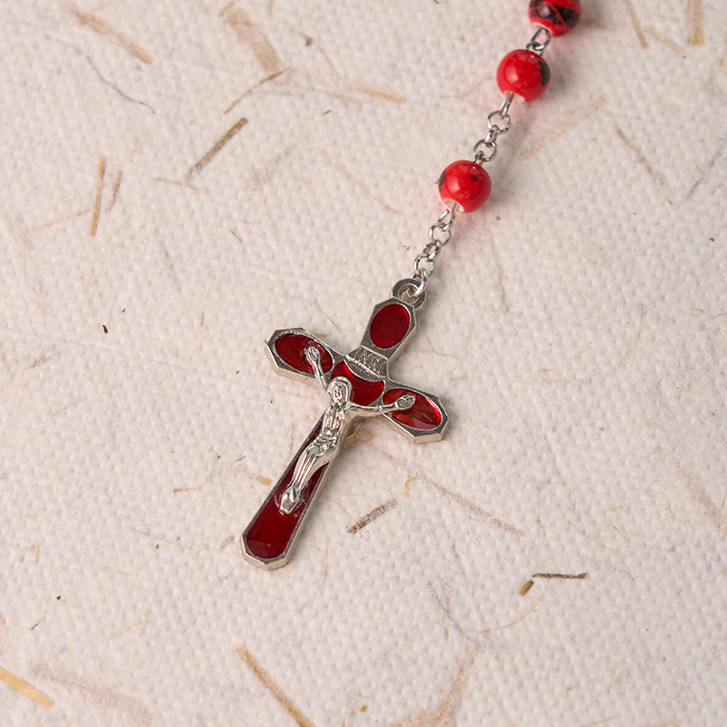 Christiandiscipleshop Our Lady of Guadalupe & Crucifix of 8 mm Round Red Ceramics Alloy Chain Rosary