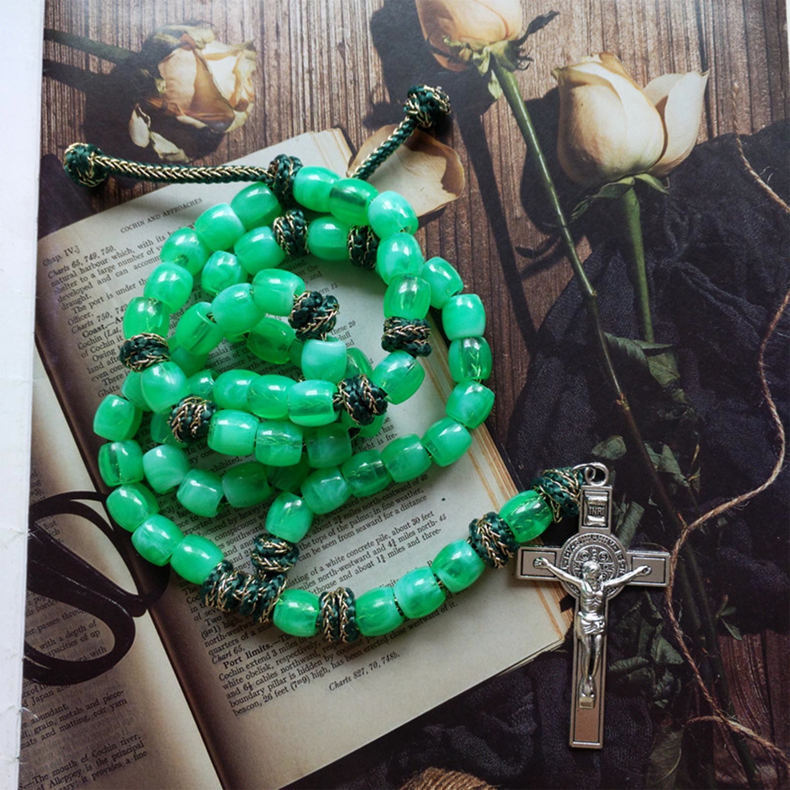 Christiandiscipleshop St. Benedict Crucifix of 12 mm Bucket Light Green Acrylic Paracord Rosary