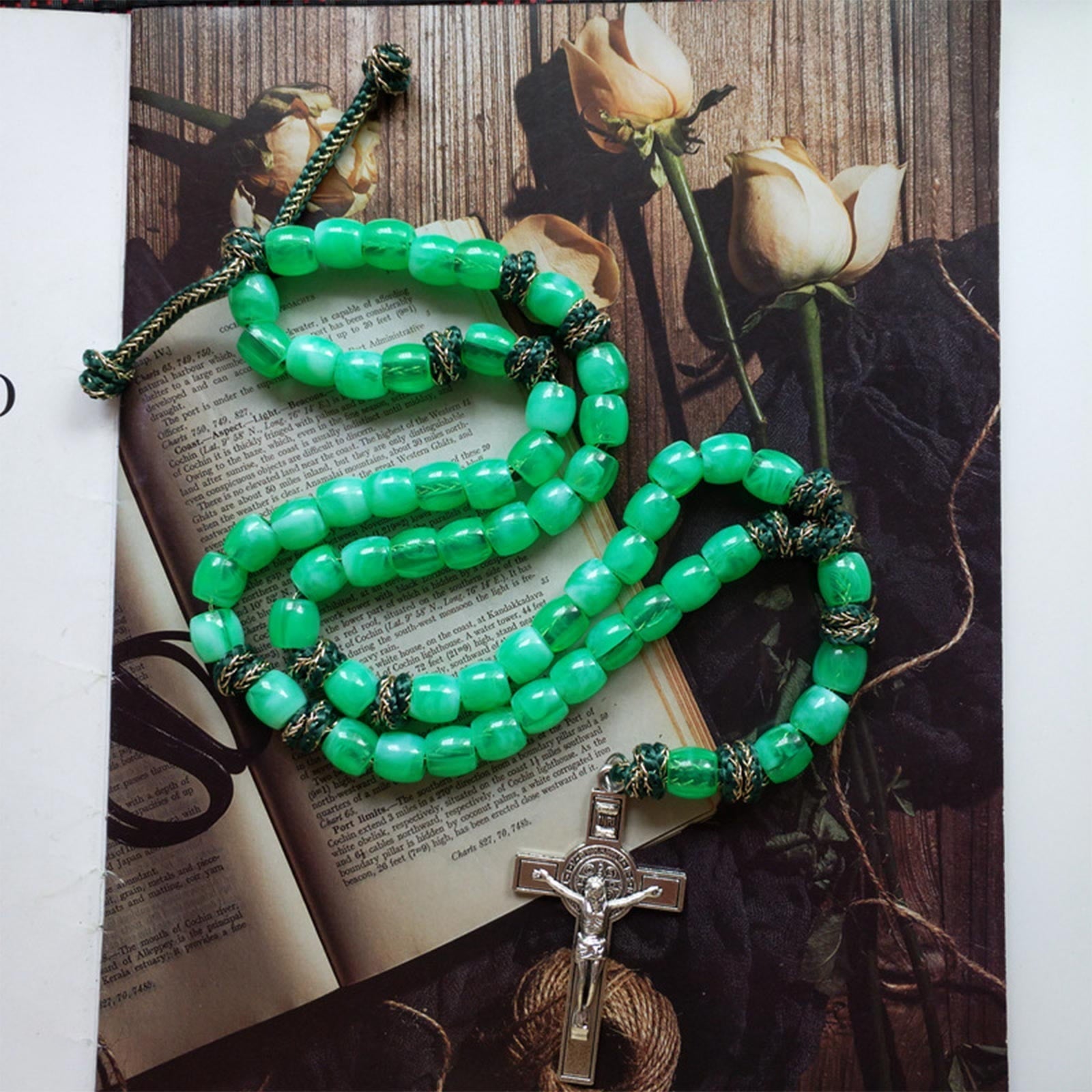 Christiandiscipleshop St. Benedict Crucifix of 12 mm Bucket Light Green Acrylic Paracord Rosary