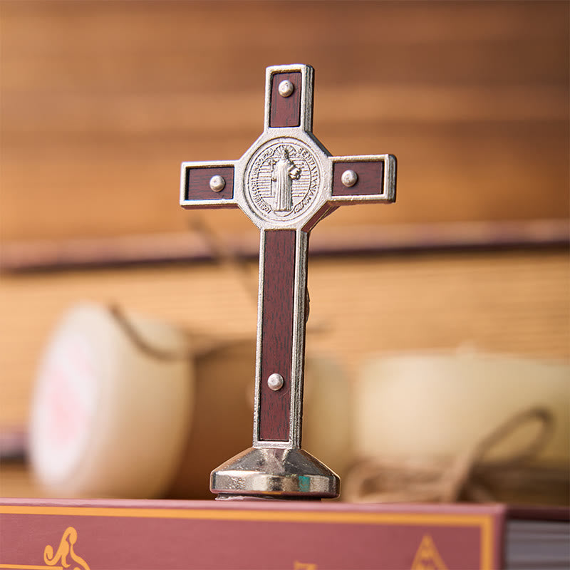 Christiandiscipleshop European Classical Traditional Wood Inlaid Alloy St. Benedict Cross Ornament