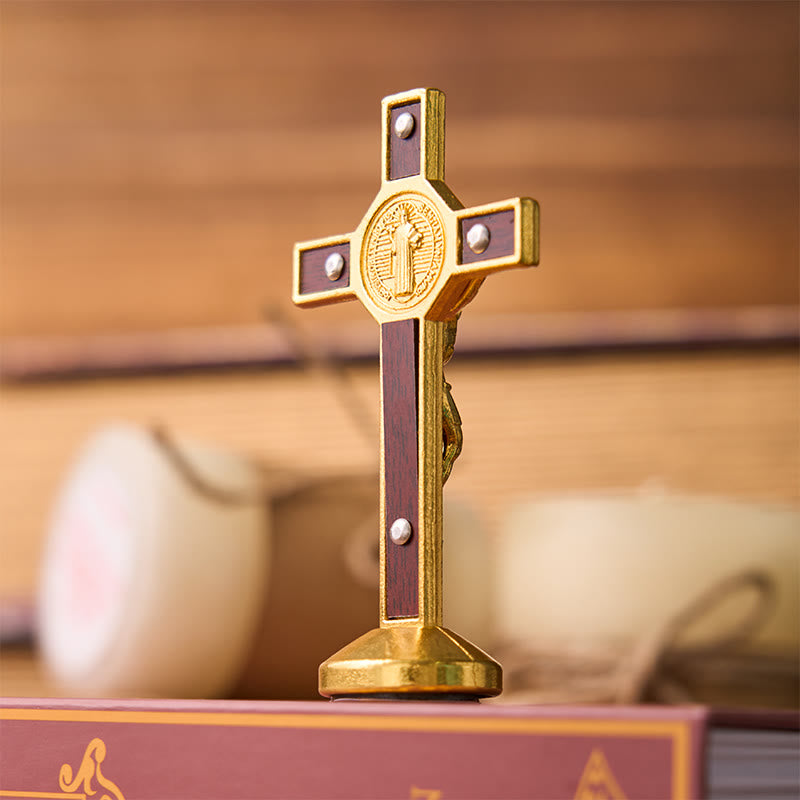 Christiandiscipleshop European Classical Traditional Wood Inlaid Alloy St. Benedict Cross Ornament