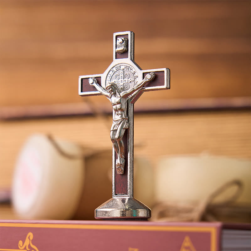 Christiandiscipleshop European Classical Traditional Wood Inlaid Alloy St. Benedict Cross Ornament