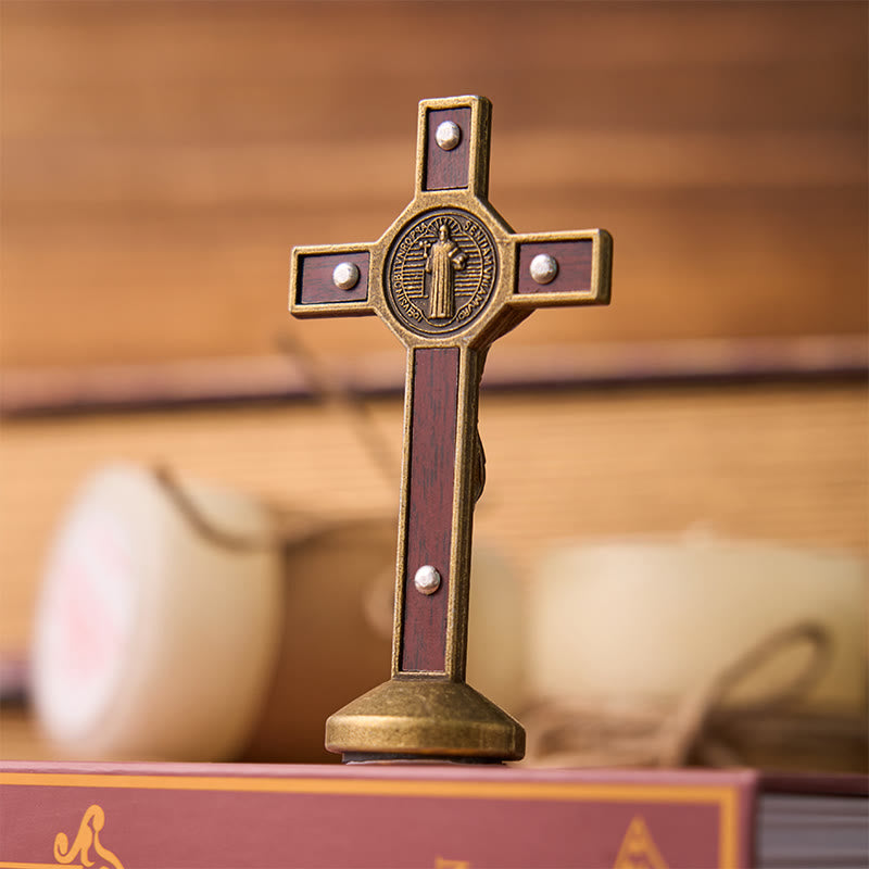 Christiandiscipleshop European Classical Traditional Wood Inlaid Alloy St. Benedict Cross Ornament