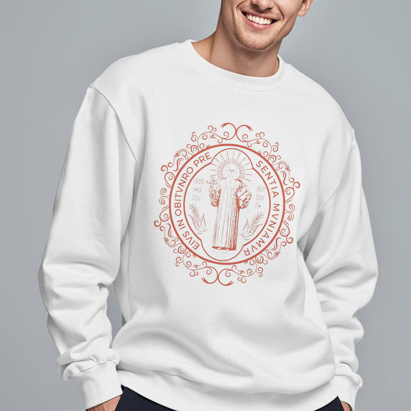 Christiandiscipleshop Classic Style Floral St. Benedict Embelm Fleece Lined Polyester Sweatshirt