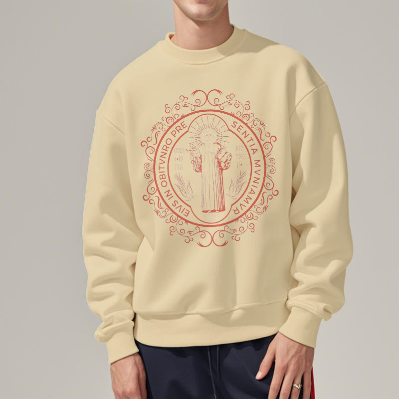 Christiandiscipleshop Classic Style Floral St. Benedict Embelm Fleece Lined Polyester Sweatshirt