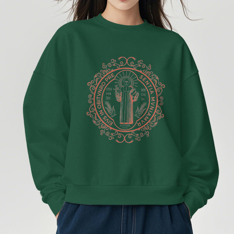 Christiandiscipleshop Classic Style Floral St. Benedict Embelm Fleece Lined Polyester Sweatshirt