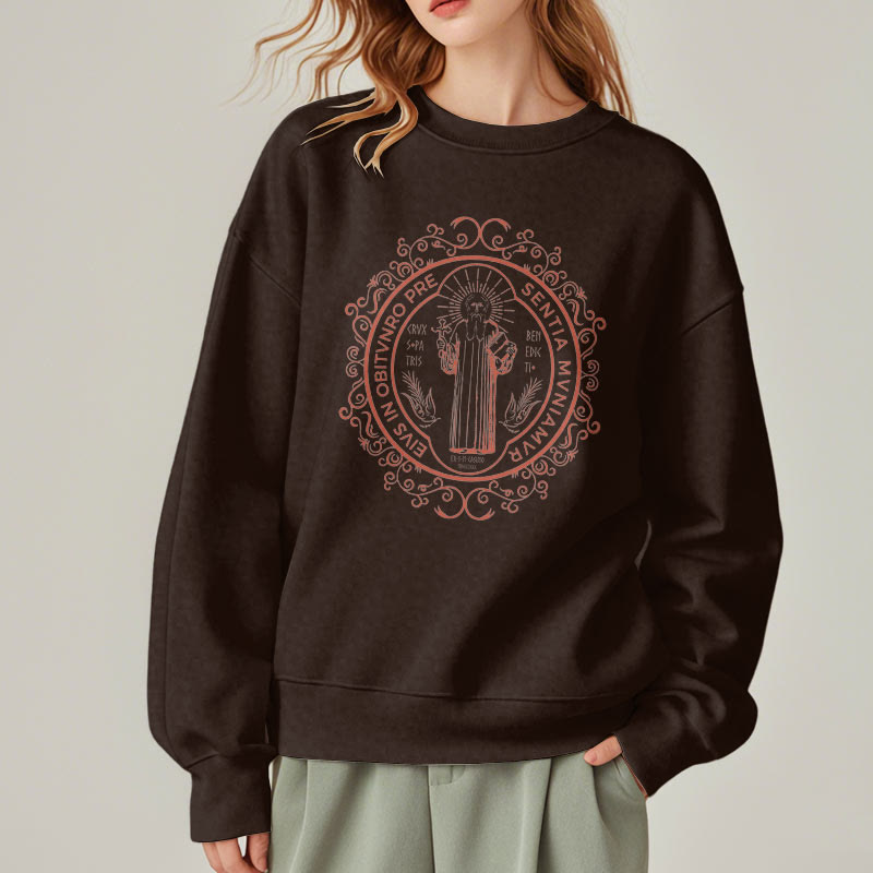 Christiandiscipleshop Classic Style Floral St. Benedict Embelm Fleece Lined Polyester Sweatshirt