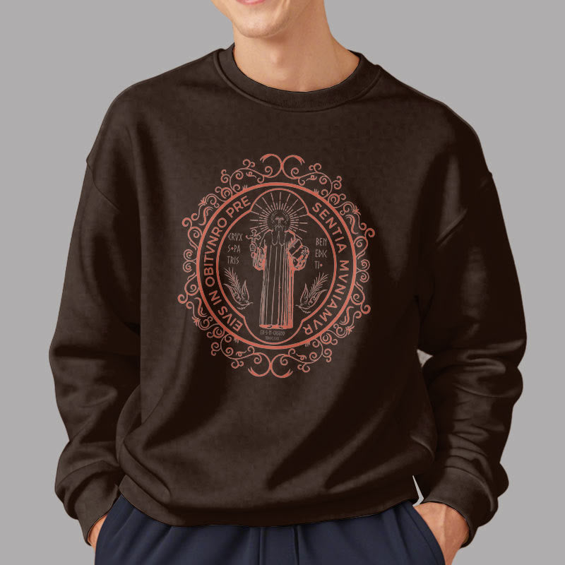 Christiandiscipleshop Classic Style Floral St. Benedict Embelm Fleece Lined Polyester Sweatshirt