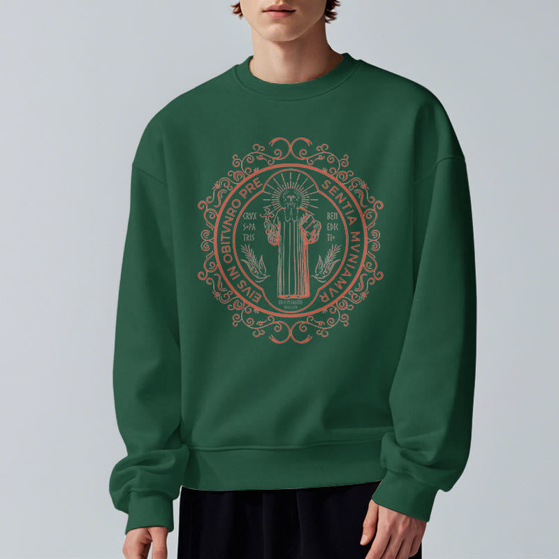 Christiandiscipleshop Classic Style Floral St. Benedict Embelm Fleece Lined Polyester Sweatshirt