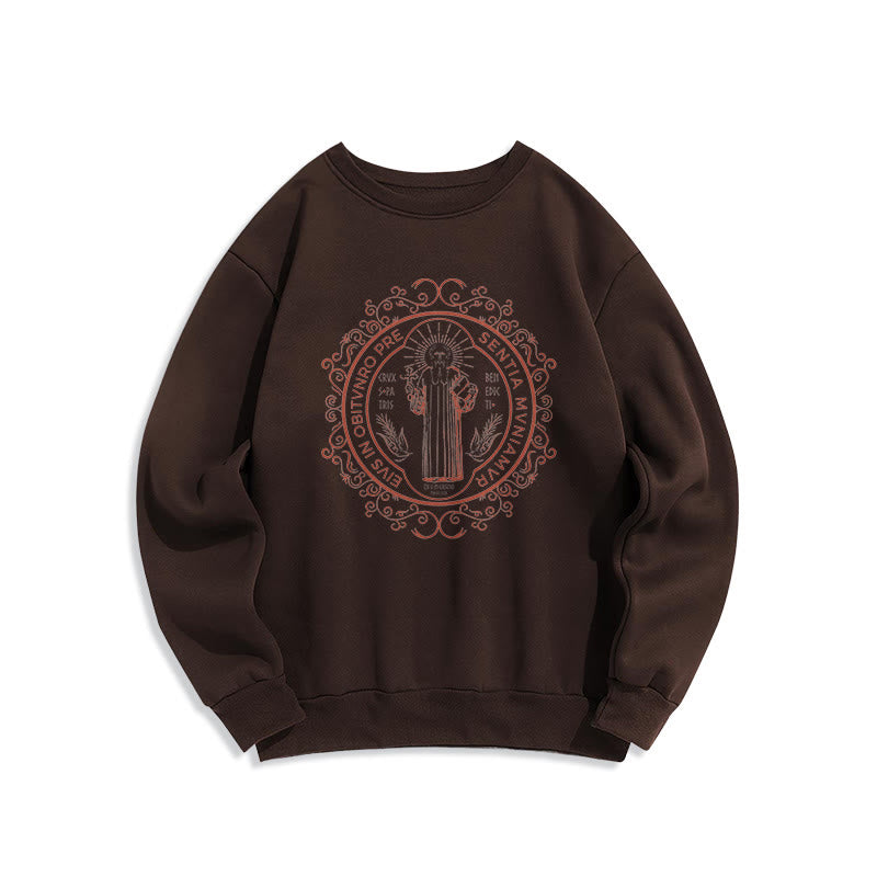 Christiandiscipleshop Classic Style Floral St. Benedict Embelm Fleece Lined Polyester Sweatshirt
