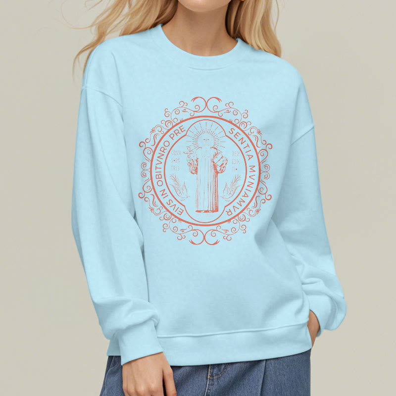 Christiandiscipleshop Classic Style Floral St. Benedict Embelm Fleece Lined Polyester Sweatshirt