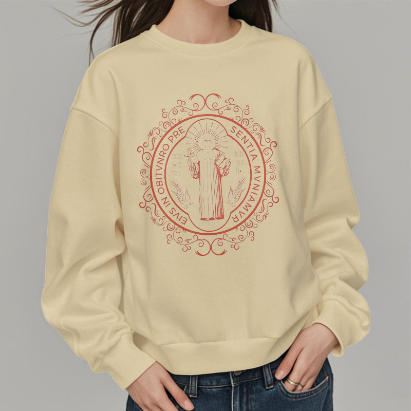 Christiandiscipleshop Classic Style Floral St. Benedict Embelm Fleece Lined Polyester Sweatshirt