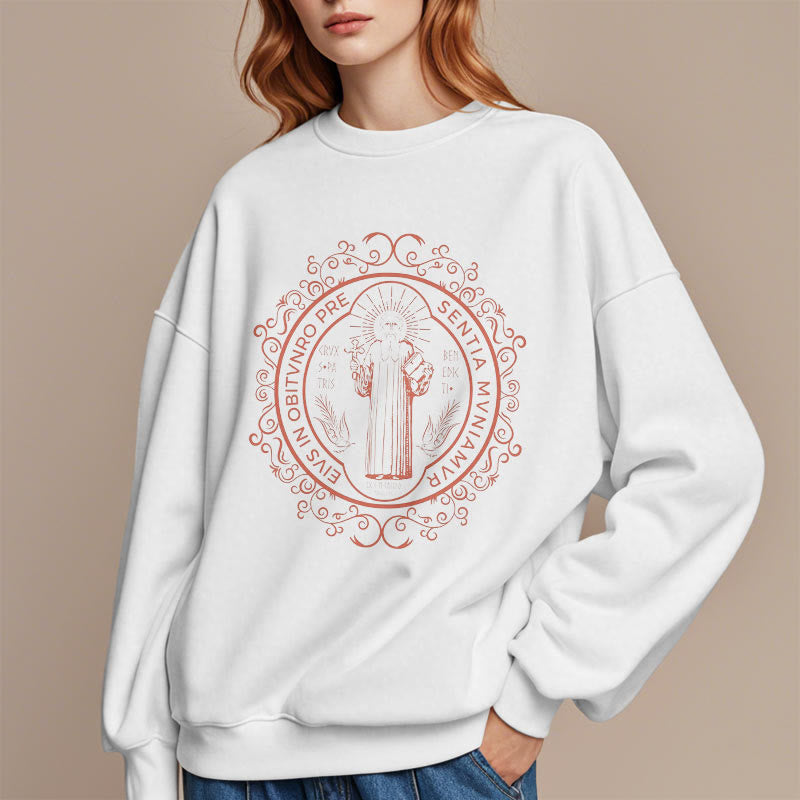 Christiandiscipleshop Classic Style Floral St. Benedict Embelm Fleece Lined Polyester Sweatshirt
