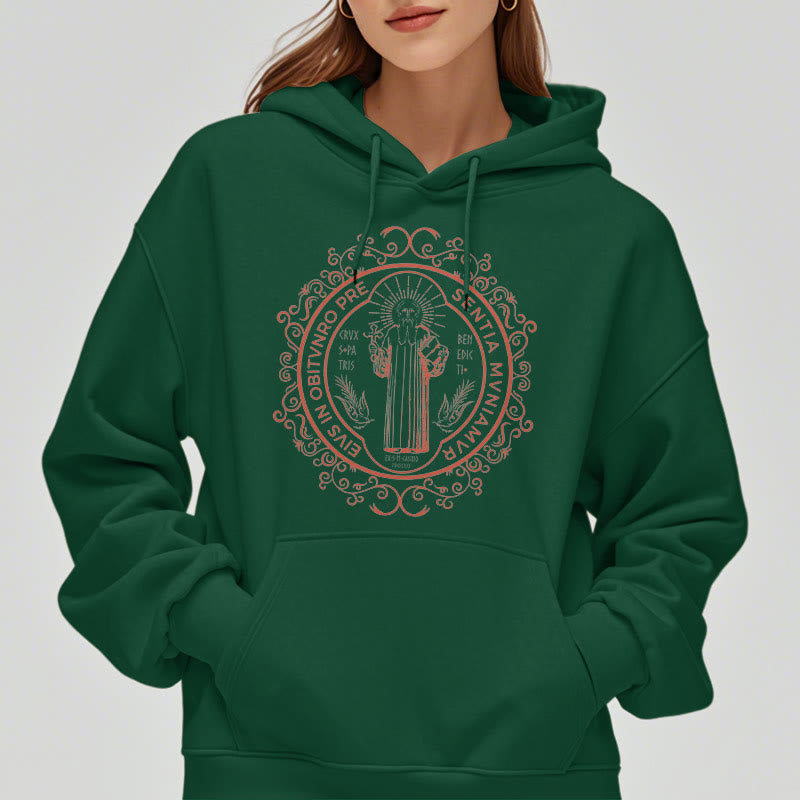 Christiandiscipleshop Classic Style Floral St. Benedict Embelm Fleece Lined Polyester Hoodie