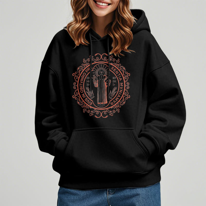 Christiandiscipleshop Classic Style Floral St. Benedict Embelm Fleece Lined Polyester Hoodie