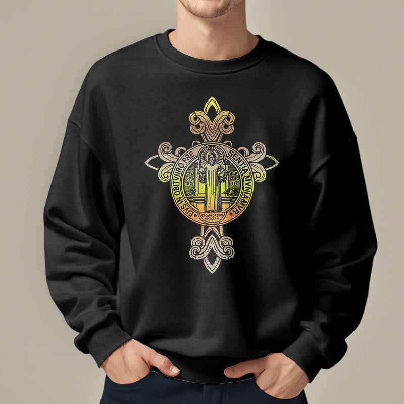Christiandiscipleshop Colored Style St. Benedict Emblem Scrollwork Fleece Lined Polyester Sweatshirt