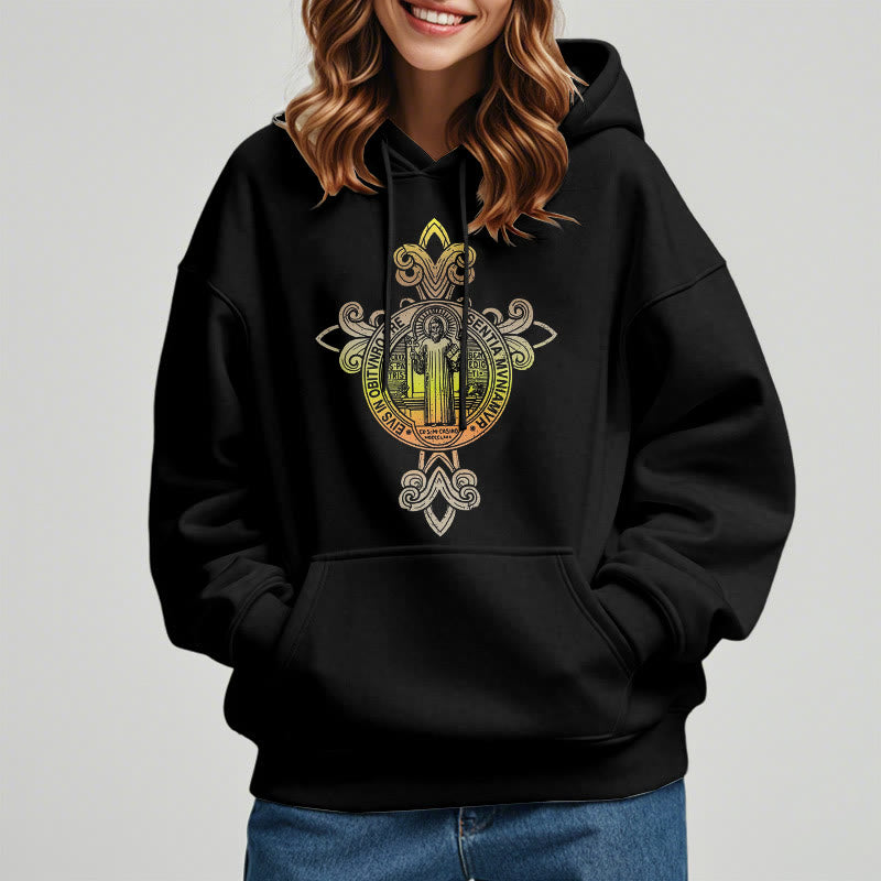 Christiandiscipleshop Colored Style St. Benedict Emblem Scrollwork Fleece Lined Polyester Hoodie