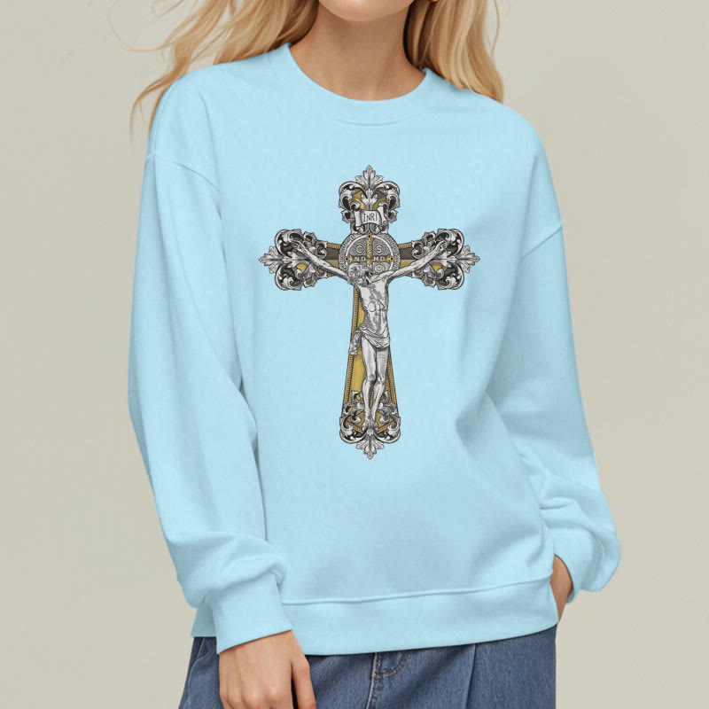 Christiandiscipleshop Classic Style St. Benedict Cruxifix Faith Fleece Lined Polyester Sweatshirt