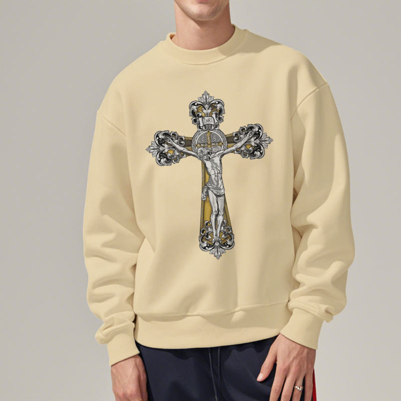 Christiandiscipleshop Classic Style St. Benedict Cruxifix Faith Fleece Lined Polyester Sweatshirt