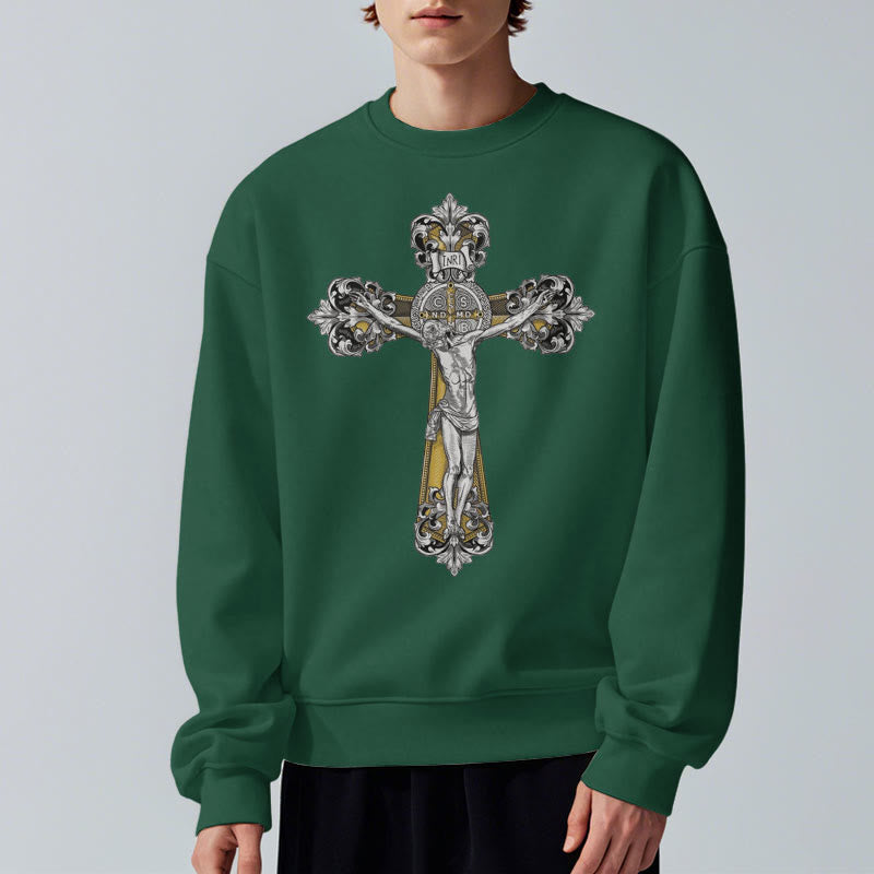 Christiandiscipleshop Classic Style St. Benedict Cruxifix Faith Fleece Lined Polyester Sweatshirt