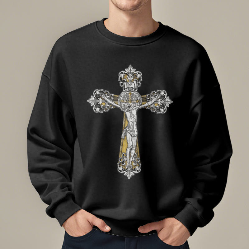 Christiandiscipleshop Classic Style St. Benedict Cruxifix Faith Fleece Lined Polyester Sweatshirt