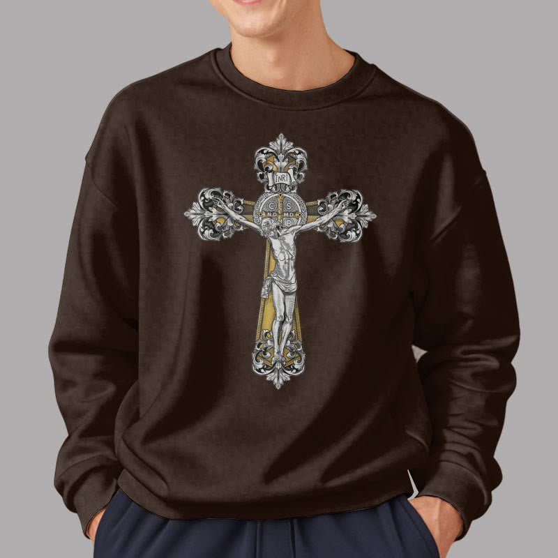 Christiandiscipleshop Classic Style St. Benedict Cruxifix Faith Fleece Lined Polyester Sweatshirt