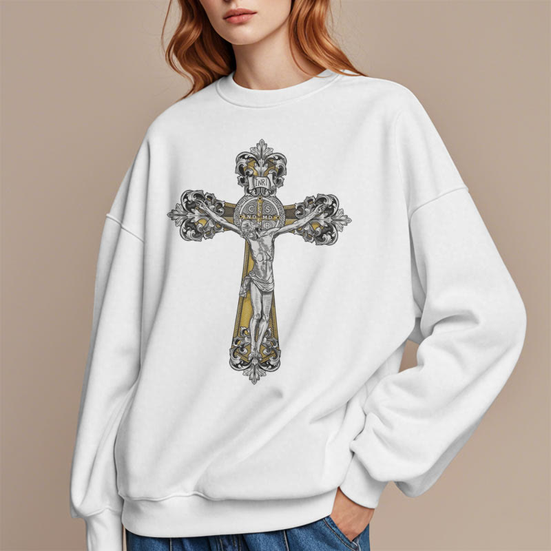 Christiandiscipleshop Classic Style St. Benedict Cruxifix Faith Fleece Lined Polyester Sweatshirt
