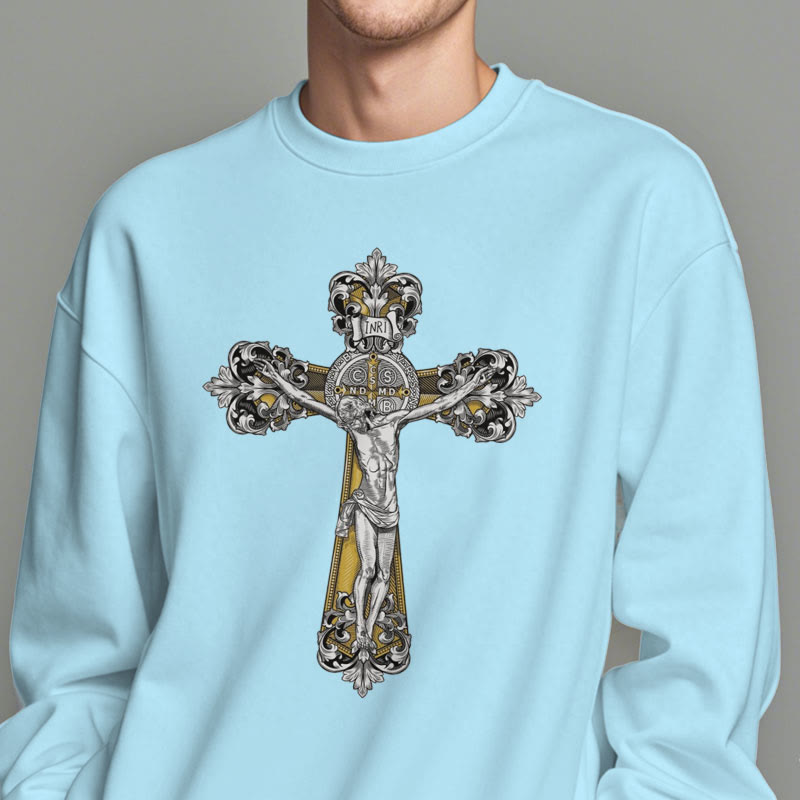 Christiandiscipleshop Classic Style St. Benedict Cruxifix Faith Fleece Lined Polyester Sweatshirt