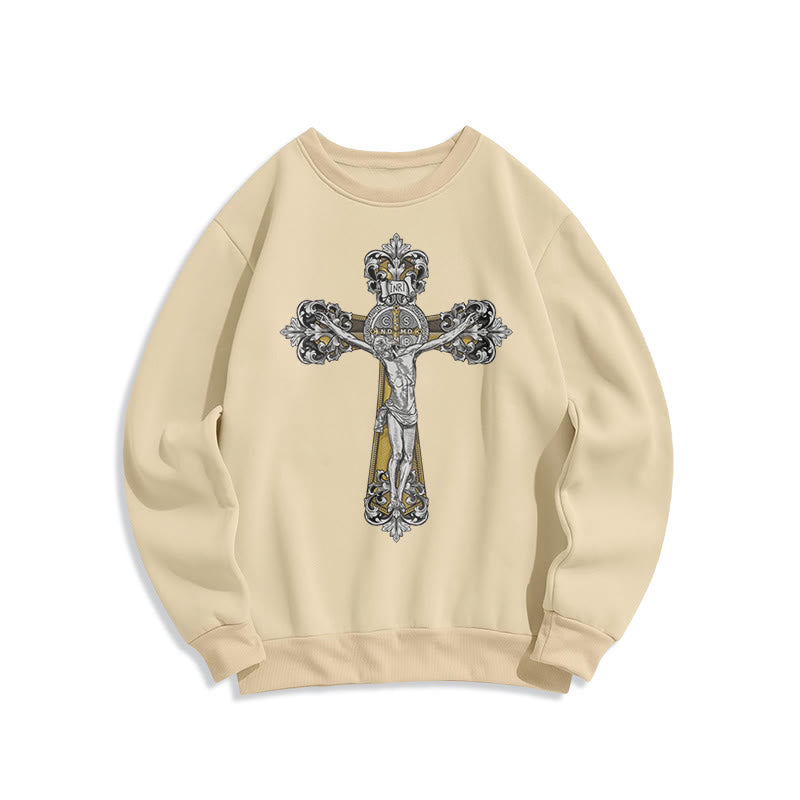Christiandiscipleshop Classic Style St. Benedict Cruxifix Faith Fleece Lined Polyester Sweatshirt
