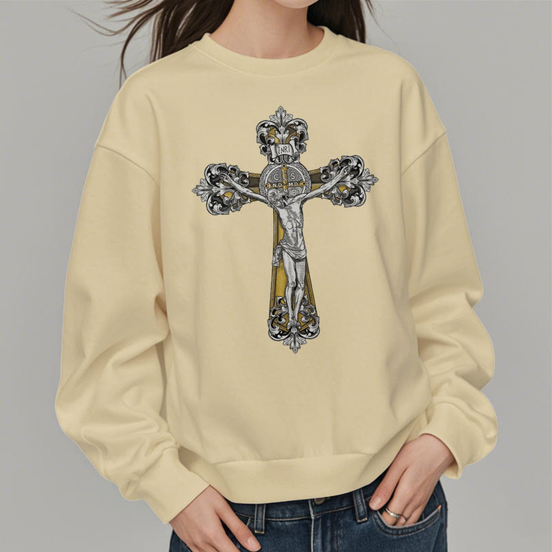 Christiandiscipleshop Classic Style St. Benedict Cruxifix Faith Fleece Lined Polyester Sweatshirt