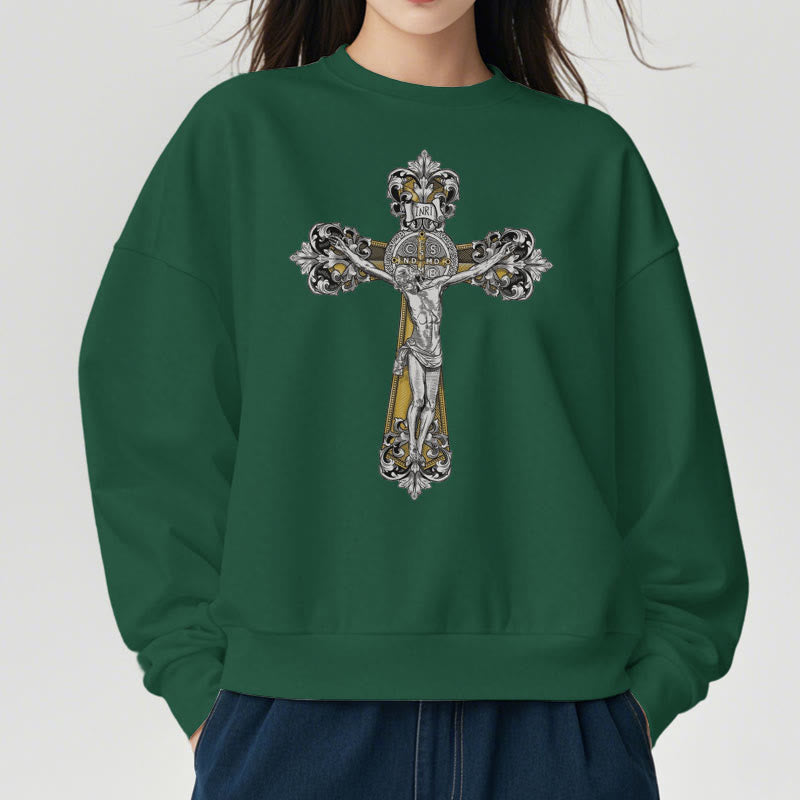 Christiandiscipleshop Classic Style St. Benedict Cruxifix Faith Fleece Lined Polyester Sweatshirt