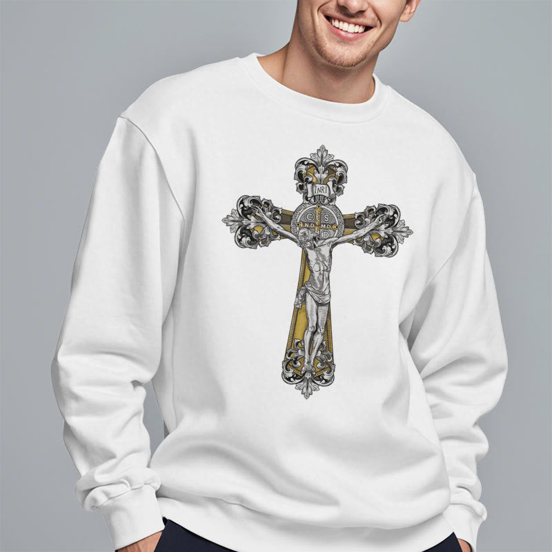 Christiandiscipleshop Classic Style St. Benedict Cruxifix Faith Fleece Lined Polyester Sweatshirt
