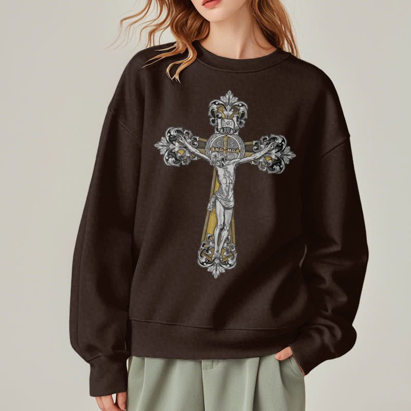 Christiandiscipleshop Classic Style St. Benedict Cruxifix Faith Fleece Lined Polyester Sweatshirt