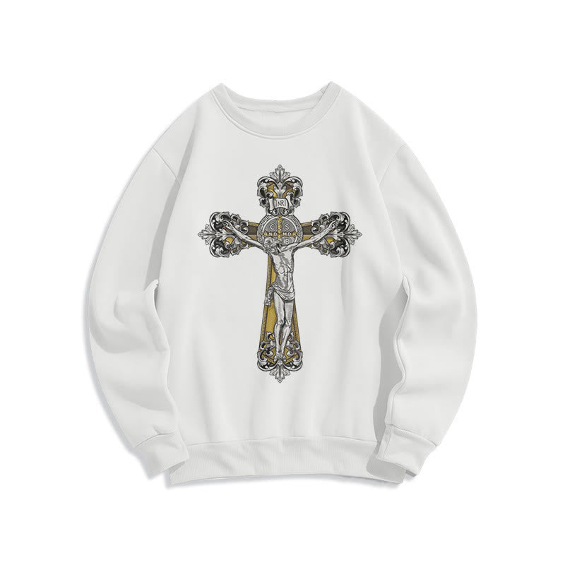 Christiandiscipleshop Classic Style St. Benedict Cruxifix Faith Fleece Lined Polyester Sweatshirt