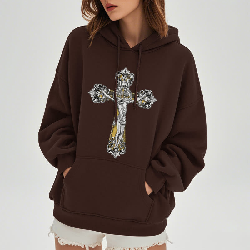Christiandiscipleshop Klassischer Hoodie mit St.-Benedikt-Kreuzmotiv, gefüttert mit Fleece, Polyester