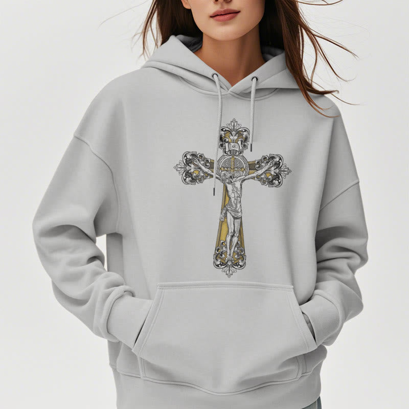 Christiandiscipleshop Classic Style St. Benedict Cruxifix Faith Fleece Lined Polyester Hoodie