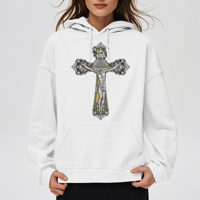 Christiandiscipleshop Klassischer Hoodie mit St.-Benedikt-Kreuzmotiv, gefüttert mit Fleece, Polyester