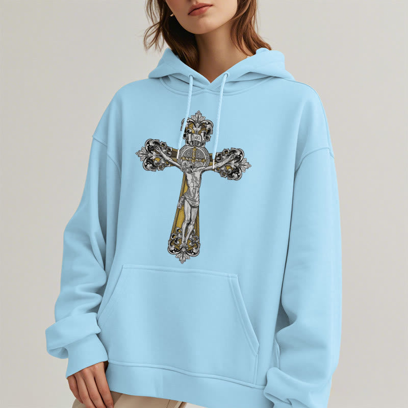 Christiandiscipleshop Classic Style St. Benedict Cruxifix Faith Fleece Lined Polyester Hoodie